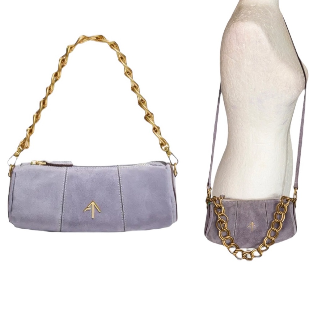 RARE Manu Atelier Purple Gray Suede Chunky Gold Chain XX Mini Cylinder Crossbody